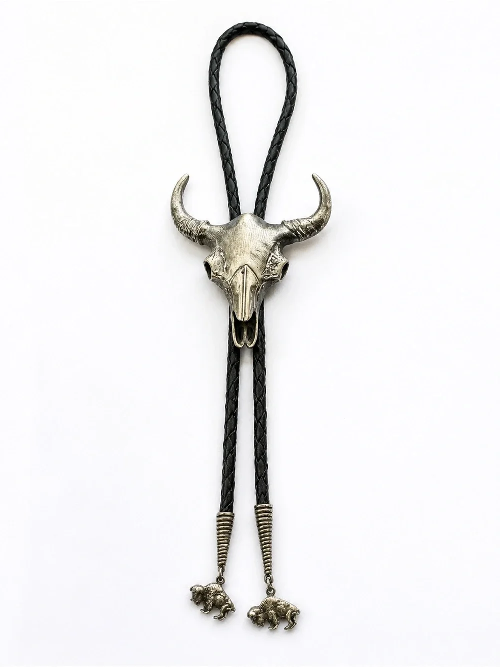 Vintage R. Sereno Sterling Silver Buffalo Skull Bolo Tie Western Leather  925